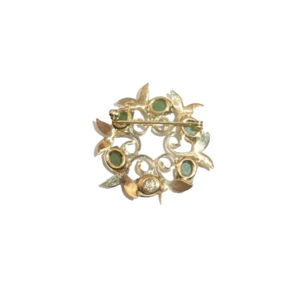 Green Gemstone Circle Pin Brooch w/ Leaves 12K Gold Filled Signed CC? 1.25 inch